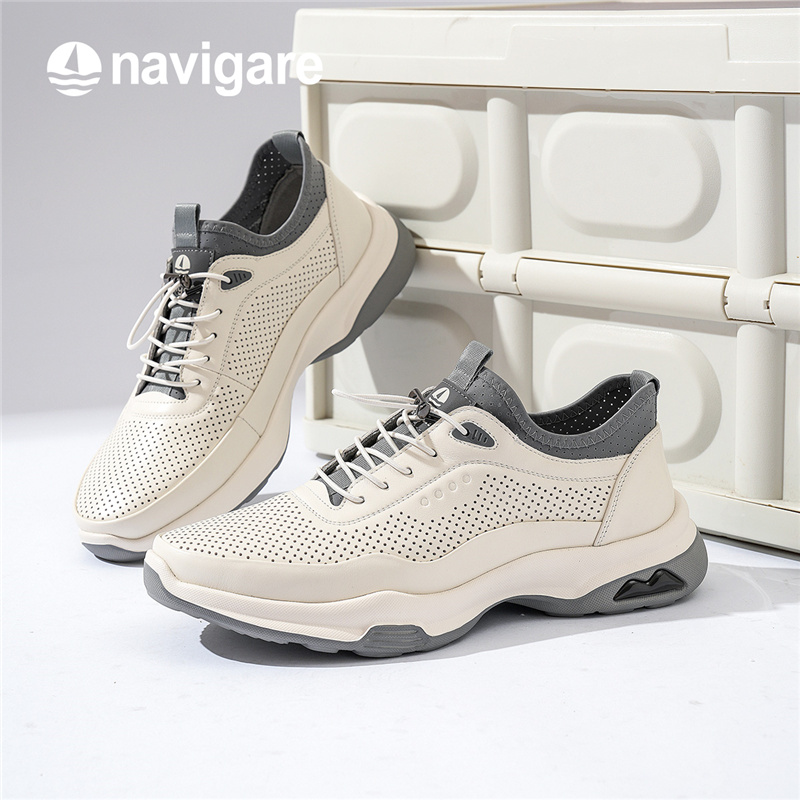 秋季新款男士百搭透气网面运动真皮鞋子男款