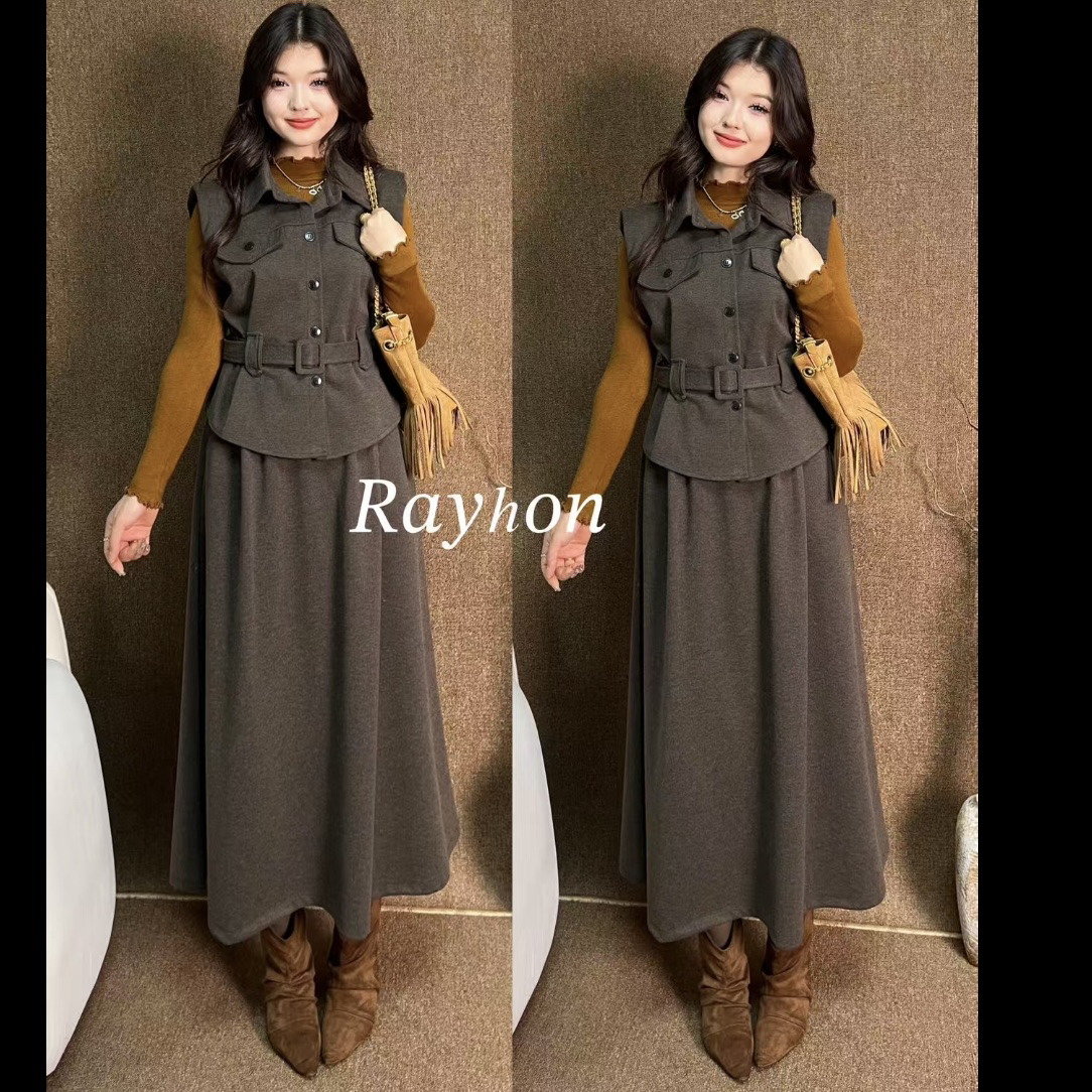 Rayhon初冬新款气质翻领马甲小毛衣半身裙套装配腰带复古温柔显瘦