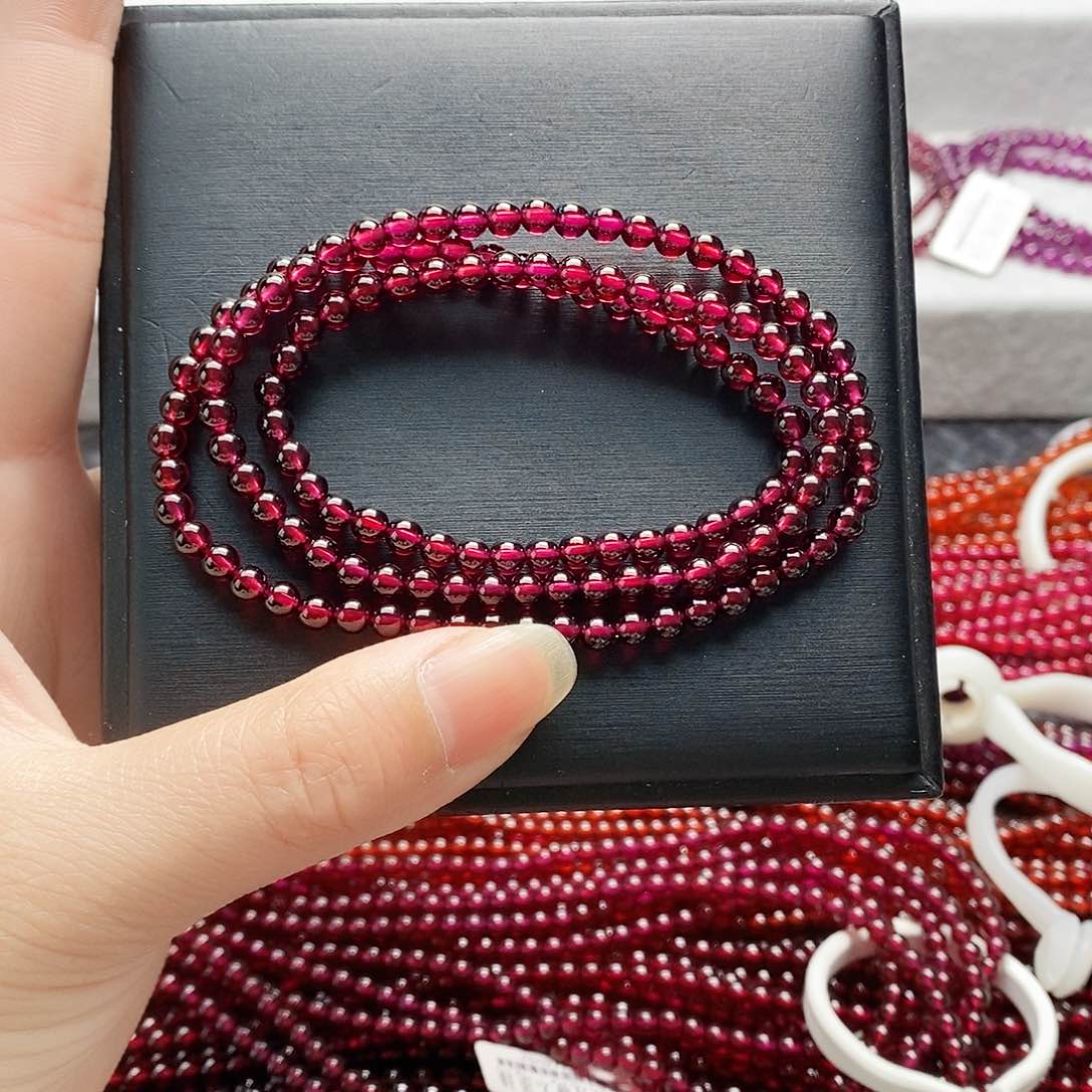 石榴石手链未镶嵌4.3mm玫红三圈精品