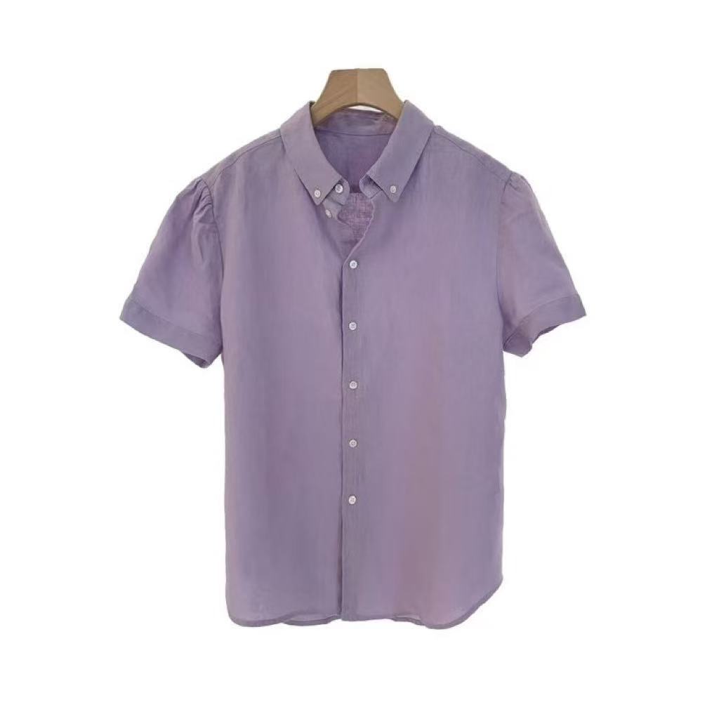 夏季女款宽松简约通勤松弛慵懒风正肩微泡泡袖衬衫 1429