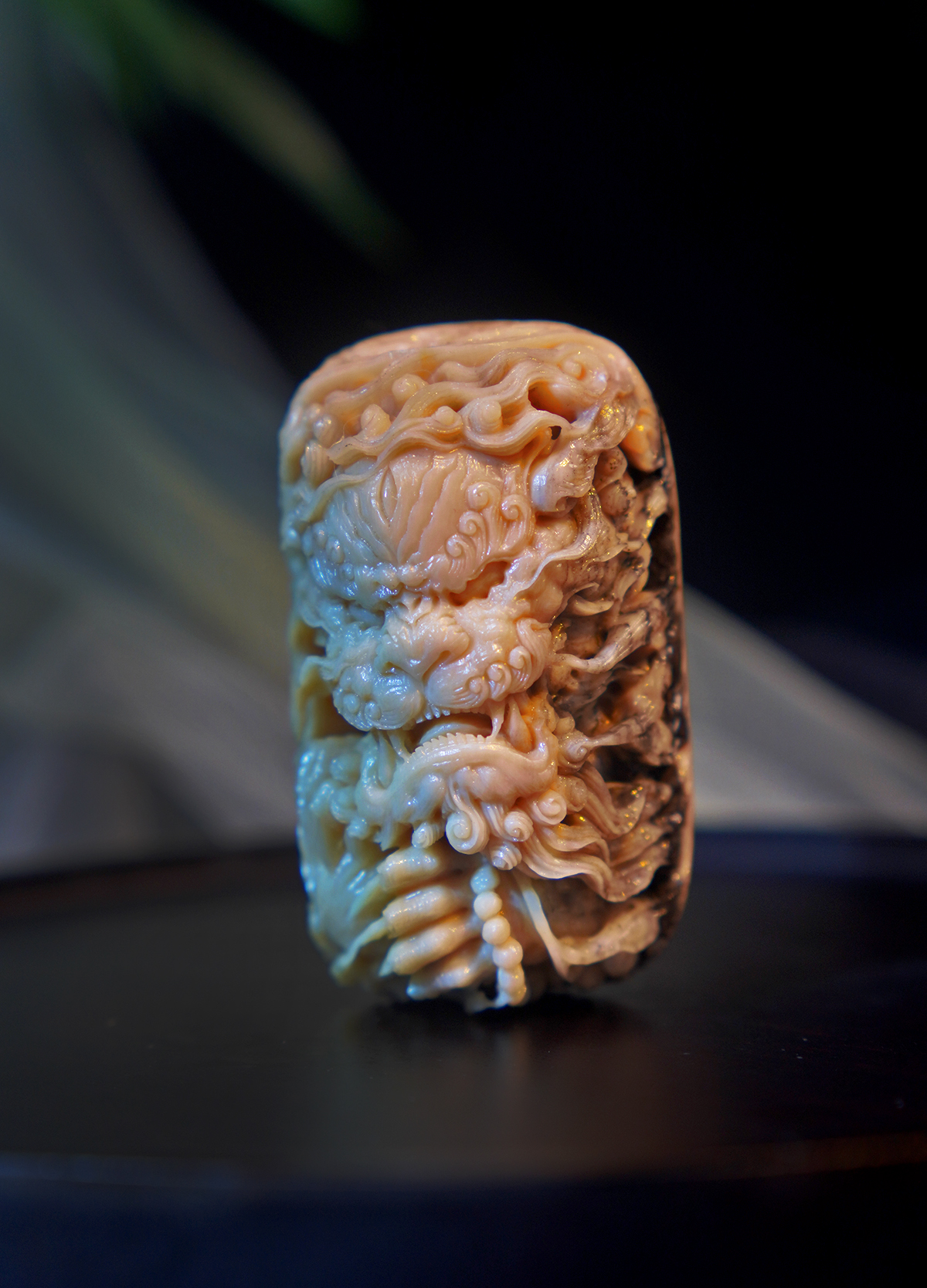 天然猛犸牙/手工雕刻作品/双禄/特色咖料/文玩收藏