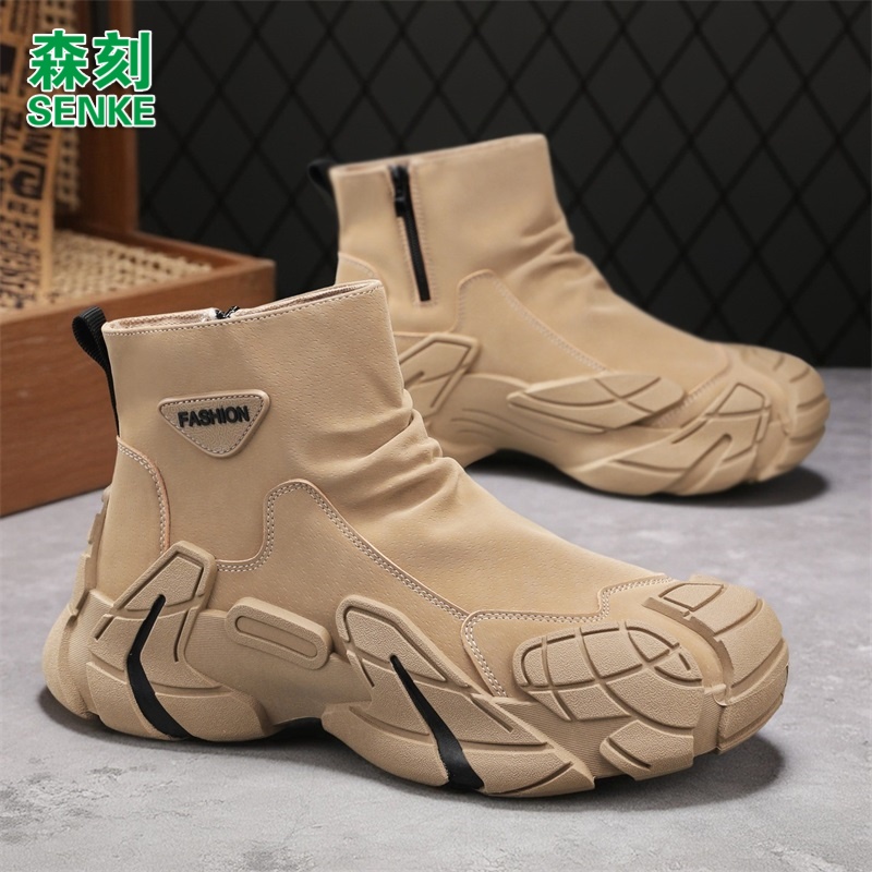 森刻男鞋2025秋季新款厚底内增高工装靴皮面防水百搭高帮马丁靴男