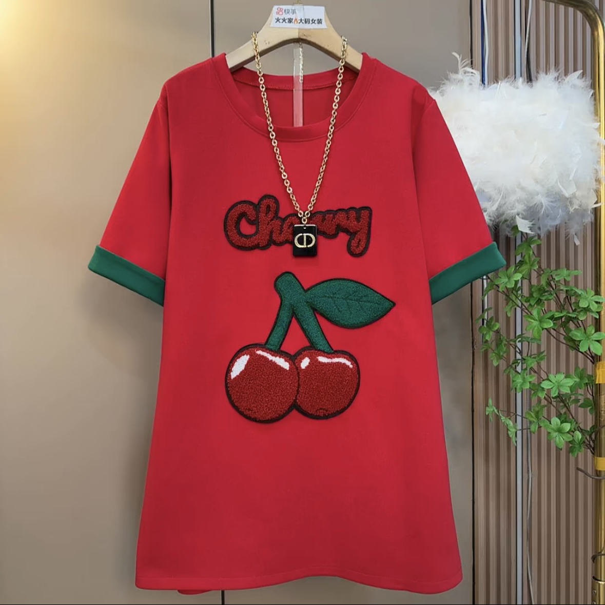 韩版宽松百搭字母樱桃拼色袖遮肉显瘦半袖体