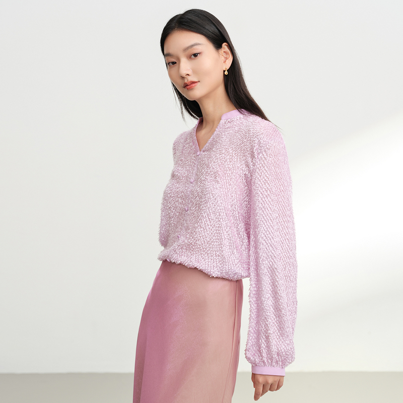 EP雅莹女装 桑蚕丝轻羽紫色衬衫剪花肌理感上衣2025夏季新款2327A
