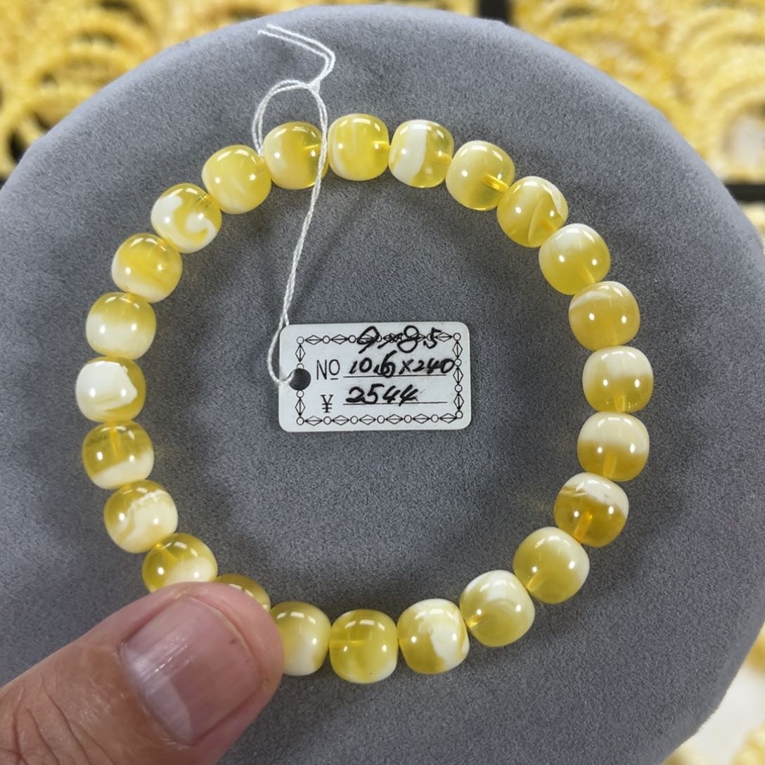 蜜蜡手串未镶嵌纯天然俄料金瓷白聚宝盆