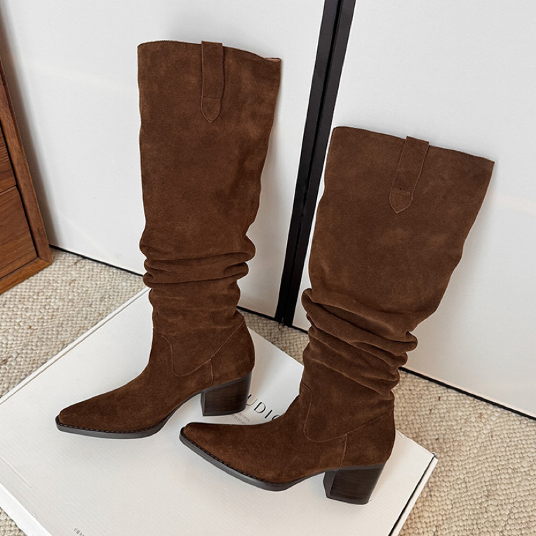 【柒柒】6.5cm/牛反绒/复古磨砂皮两穿堆堆靴女尖头粗跟显瘦高筒靴