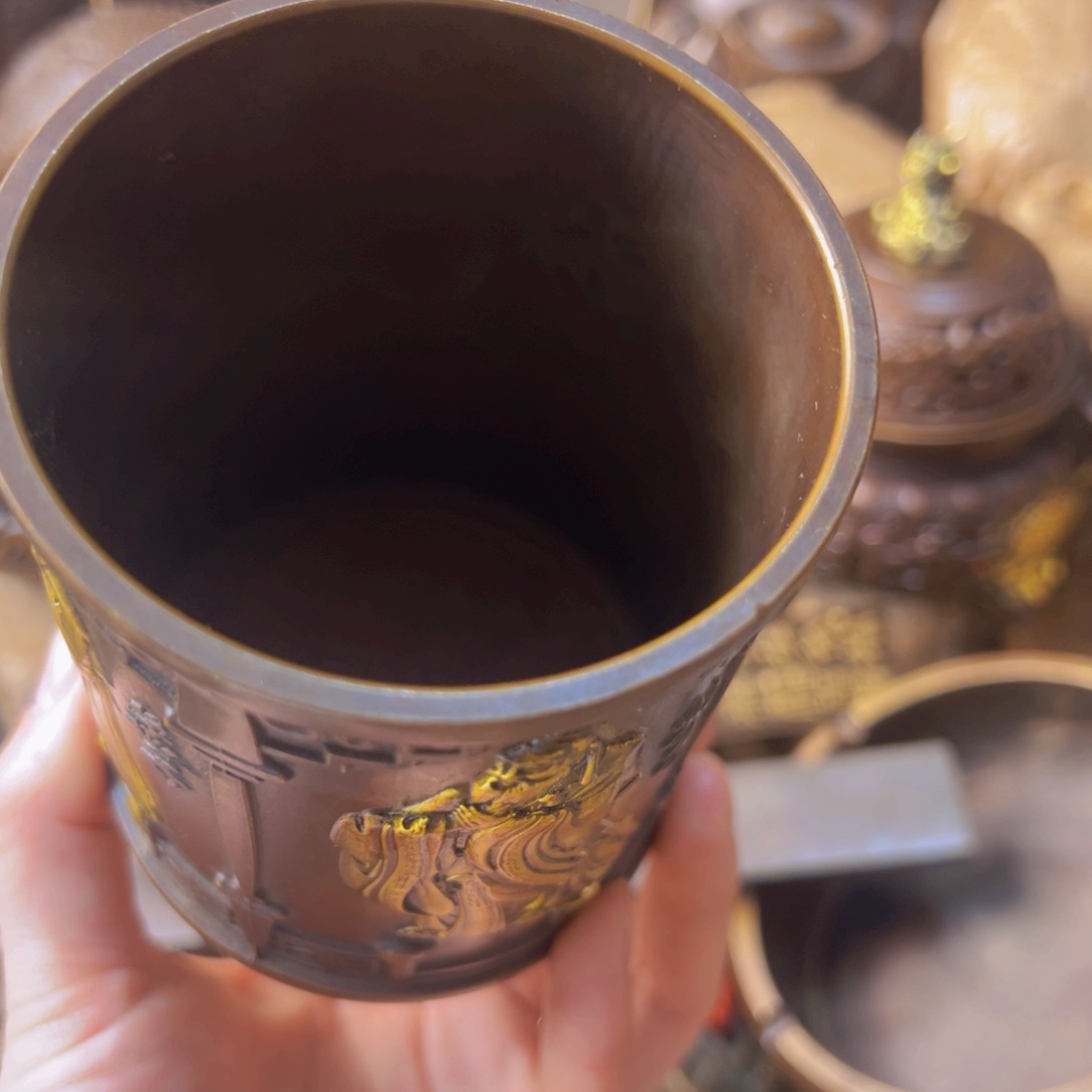 原矿风磨铜笔筒孔孟