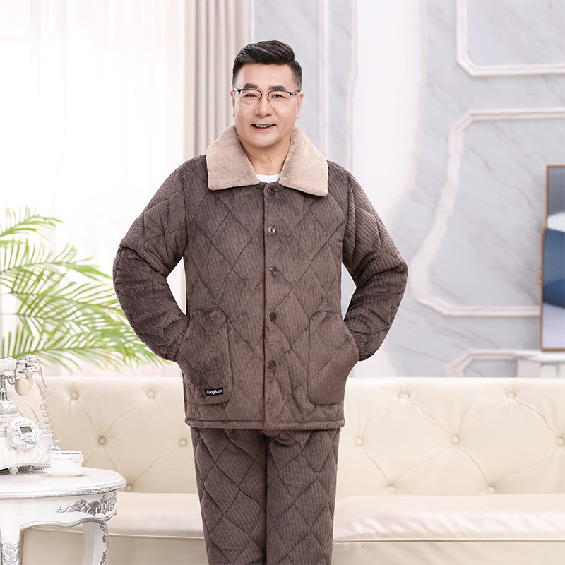 男家居服套装男士冬天加厚棉睡衣冬季套装爷爷睡衣夹棉加厚加绒