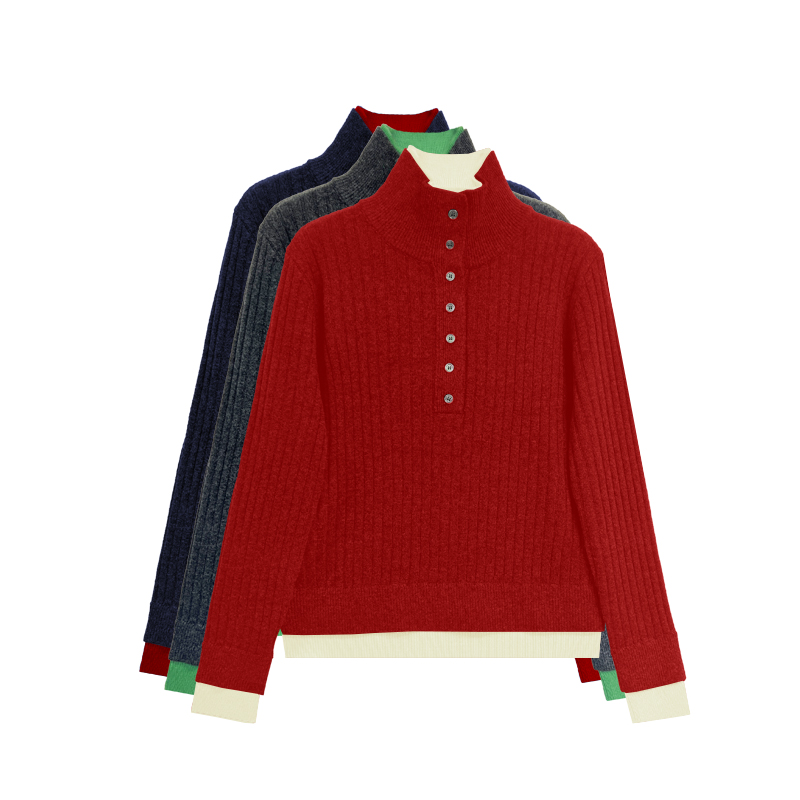 【橙庐】588188假两件自由领坑条绵羊毛衫 秋冬女士气质针织轻职场