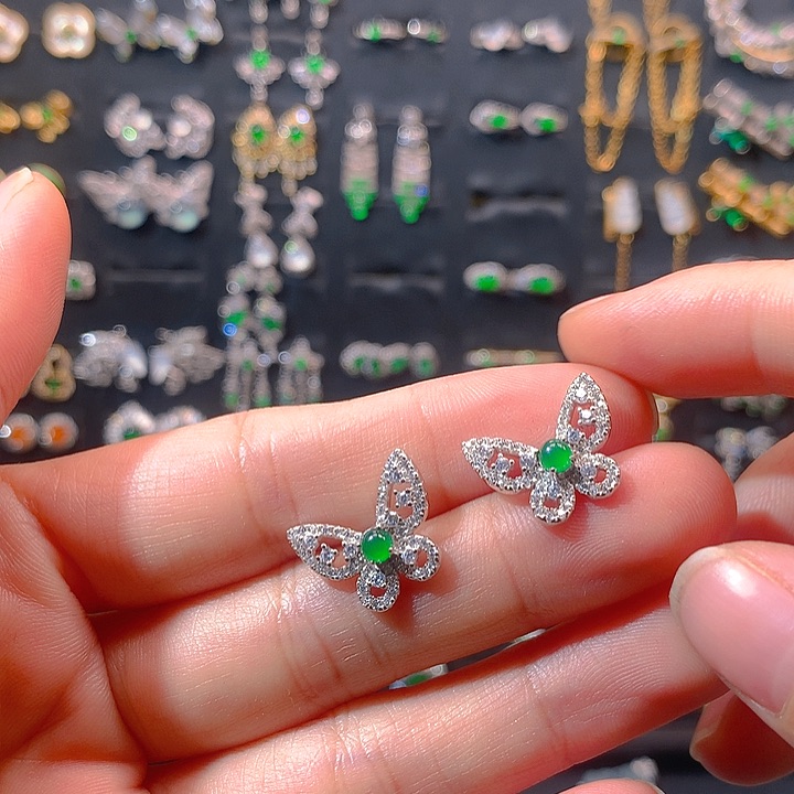 翡翠戒指银S925镶嵌茗*友耳钉