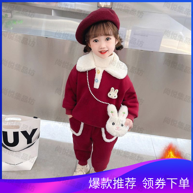 女童冬季加厚套装新款洋气女孩卫衣套装中小童女宝宝运动装两件TZ