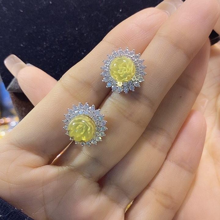 蓝珀银S925镶嵌珠宝奇石墨西哥蓝珀雕花耳钉