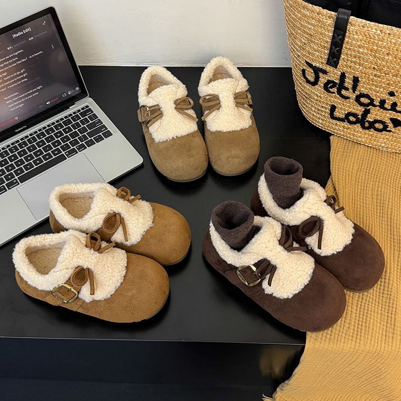 棉鞋女冬季百搭厚底内增高2025新款加绒加厚保暖蝴蝶结外穿勃肯鞋