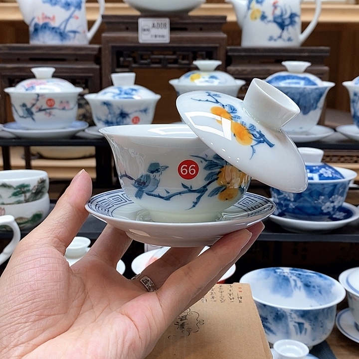 手绘喜柿图悬停盖碗150cc釉下彩微瑕福利款