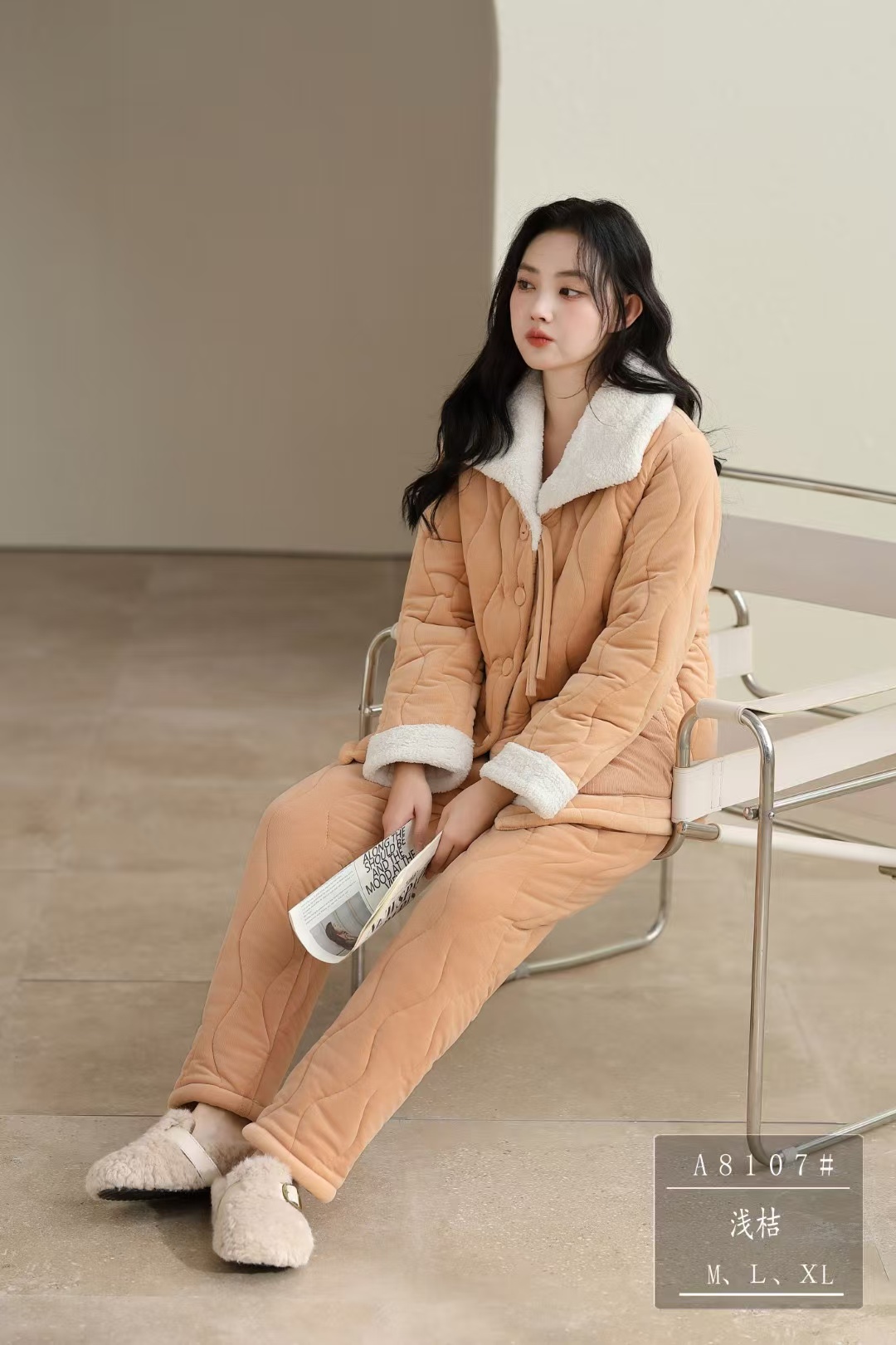 4号链接外穿洋气三层夹棉冬季加厚绒保暖休息宽松家居服睡衣套装