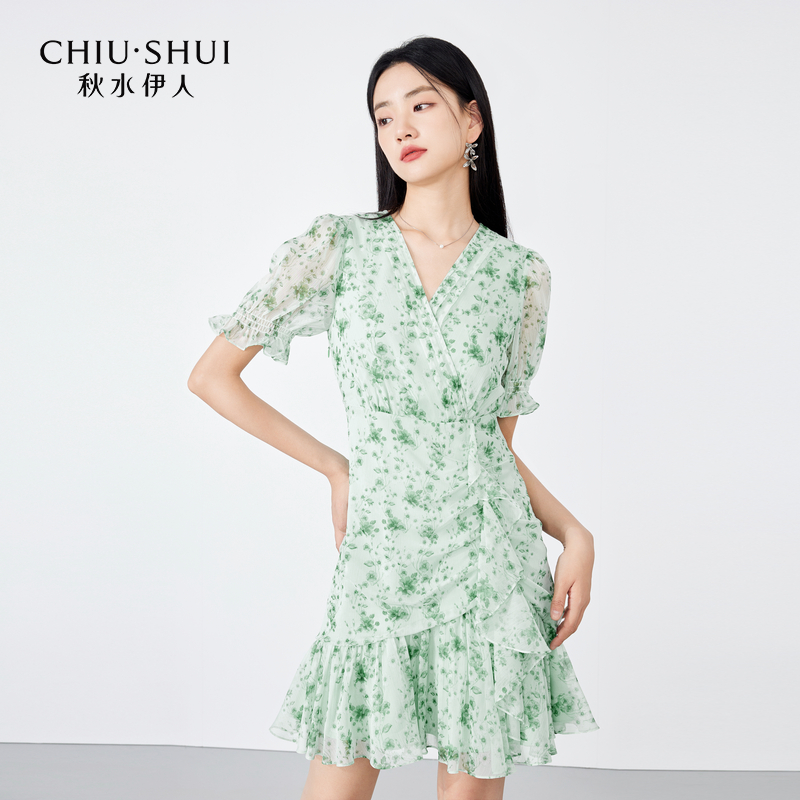 【陈大可】秋水伊人气质V领雪纺茶歇连衣裙2023年夏季新款女设计感