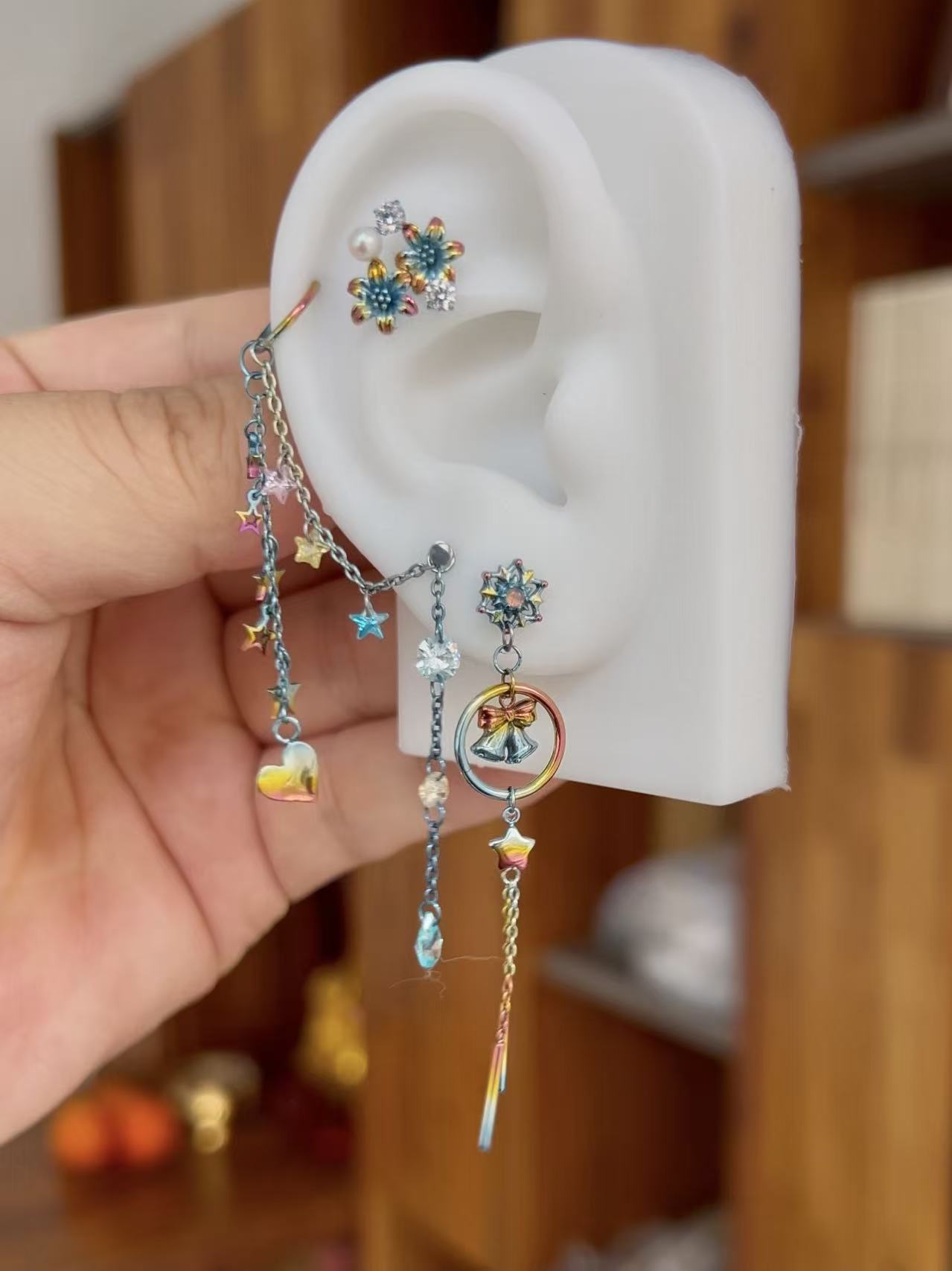 合金耳饰 钛合金仙气创意不对称耳挂耳钉（需要杆子自行备注）