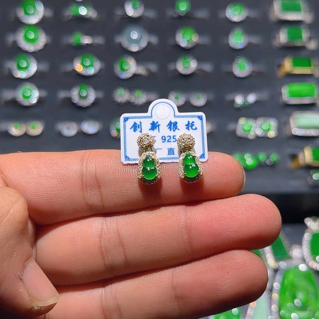 翡翠银S925镀金镶嵌耳饰