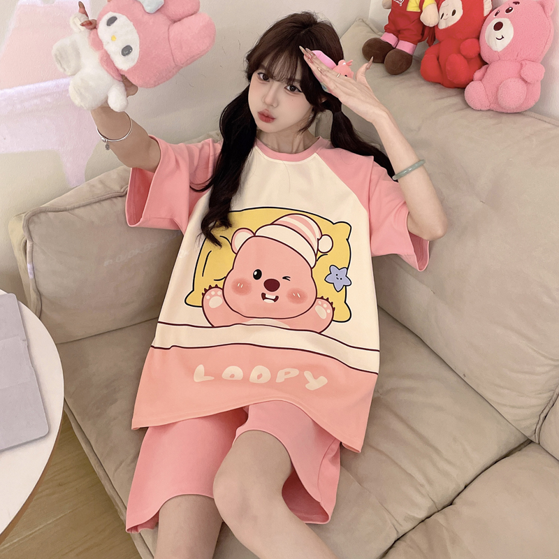睡衣女夏纯棉短袖卡通学生加大码少女夏天薄款女生外穿家居服套装