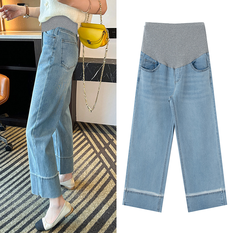 孕妇裤子春秋款外穿时尚气质宽松显瘦孕妇牛仔裤九分直筒阔腿裤