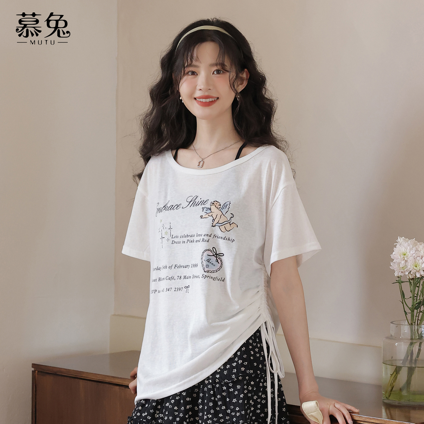 【小跑专属】TU27627慵懒风宽松不规则短袖t恤女小个子字母印花上衣