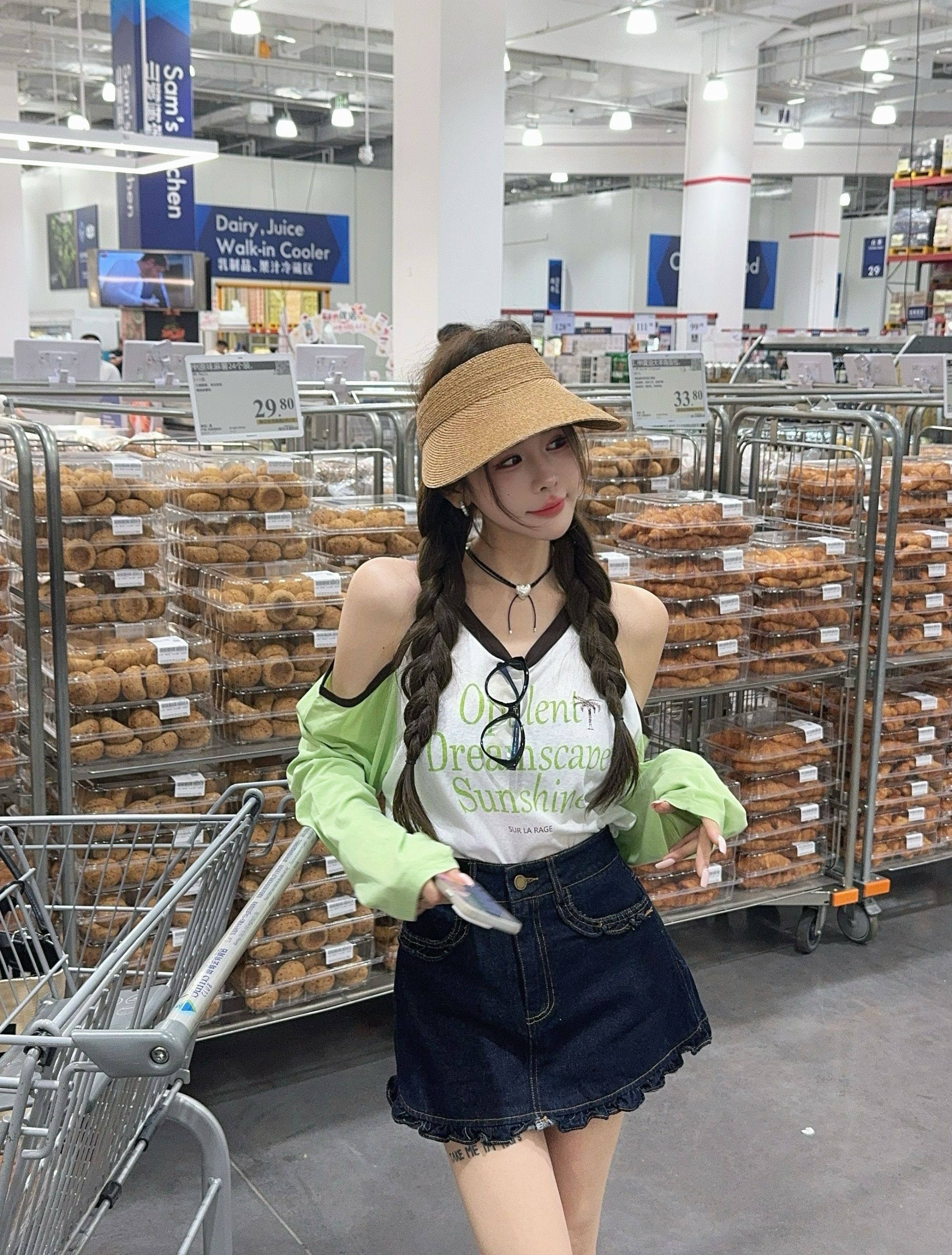 米娜家【许愿池少女】泡菜订制拼色漏肩字母防晒T恤