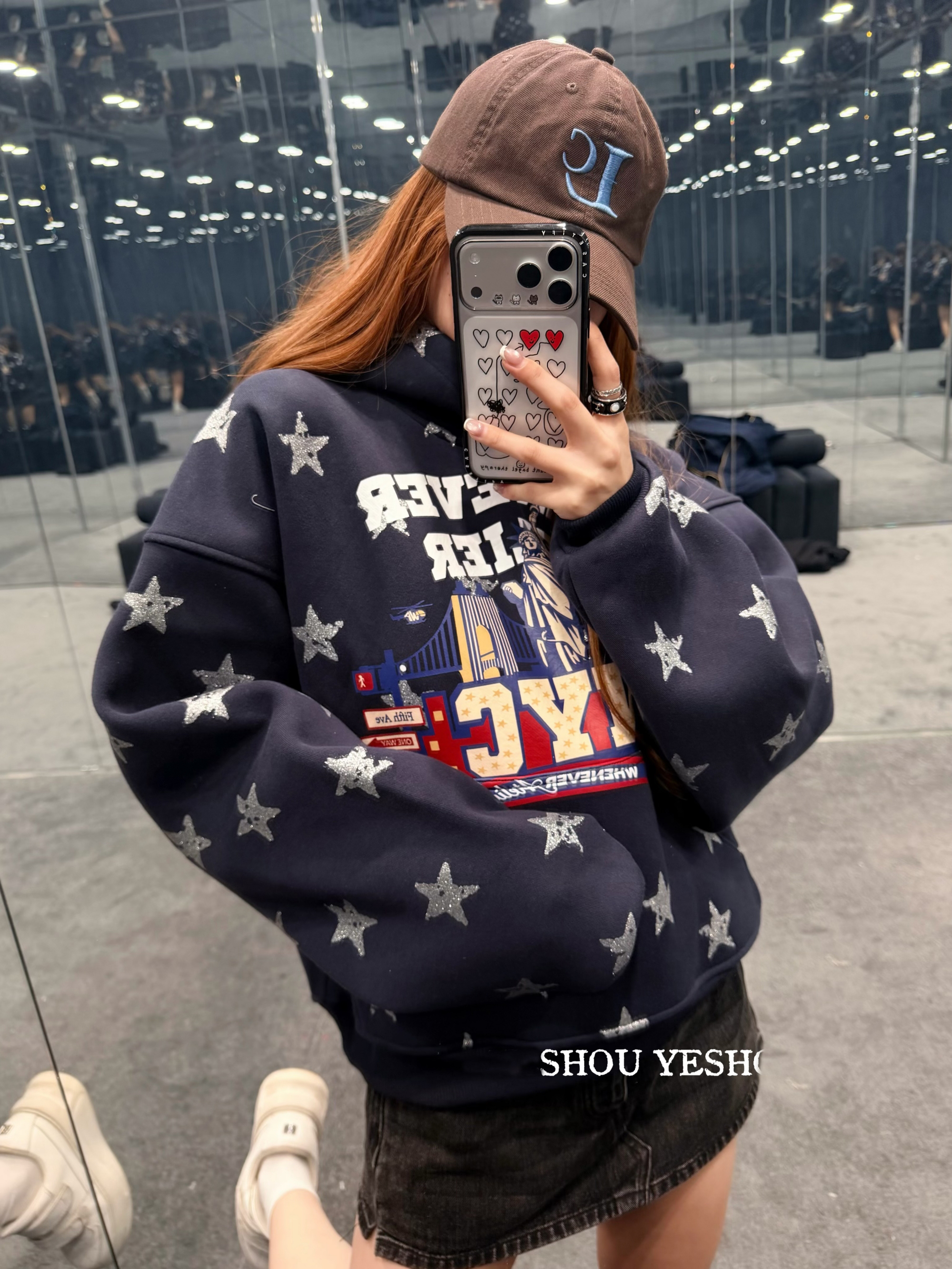 美式小众设计星星闪粉连帽卫衣秋冬加绒加厚男女百搭字母印花帽衫