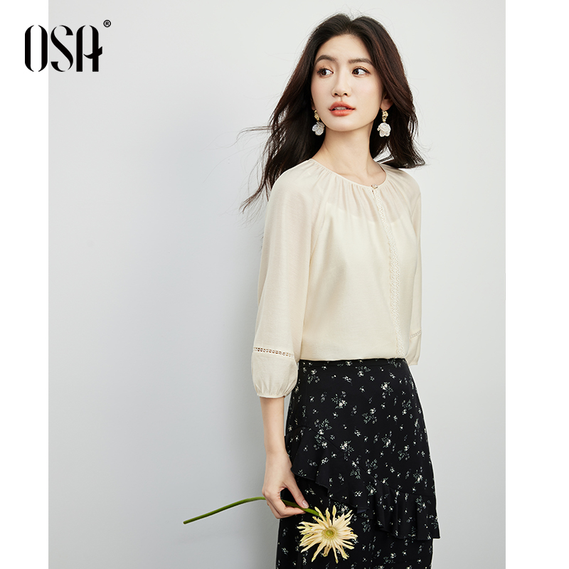 OSA/欧莎 气质优雅圆领衬衫女秋别致插肩袖薄雪纺衫S125C17003