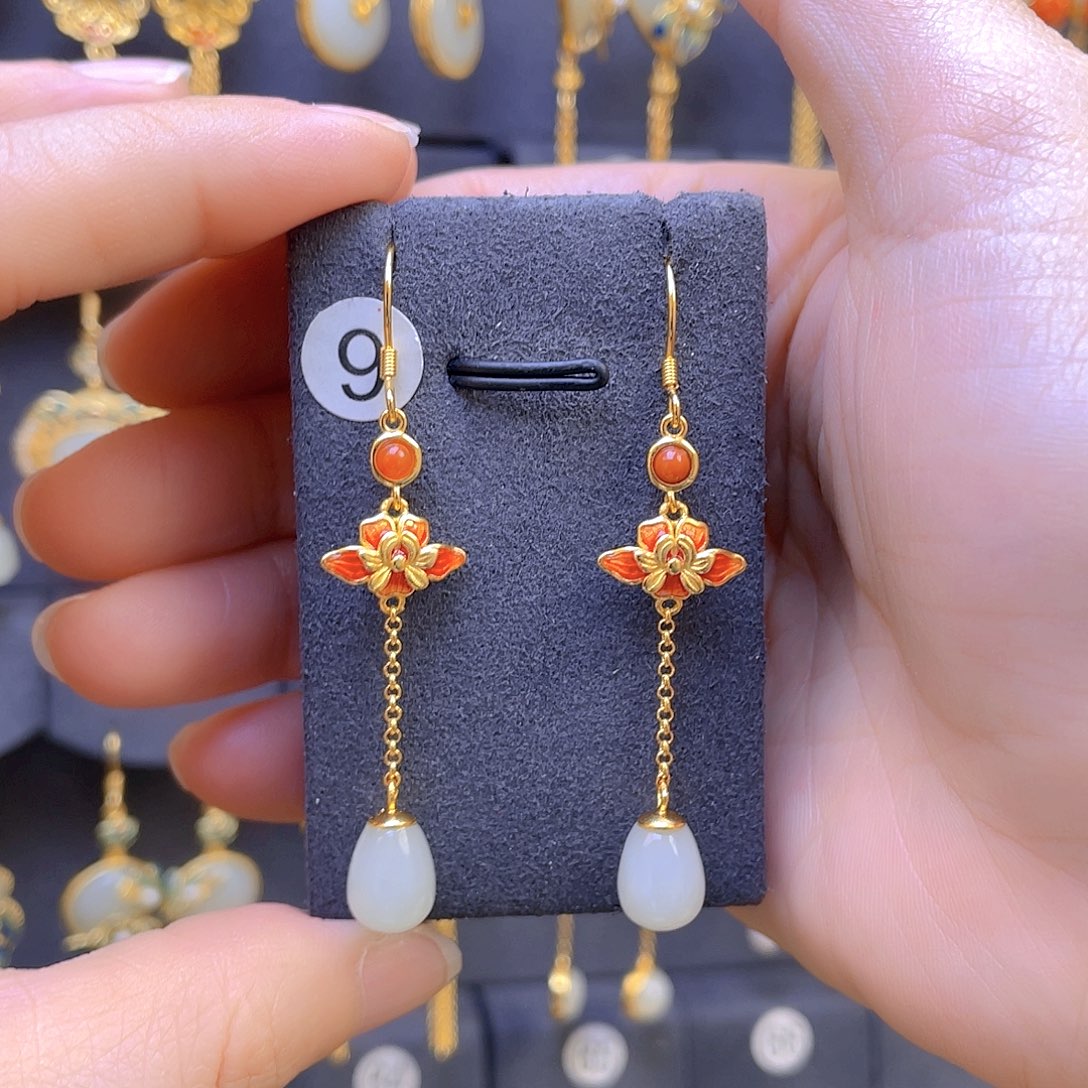 和田玉耳饰银S925镀金镶嵌