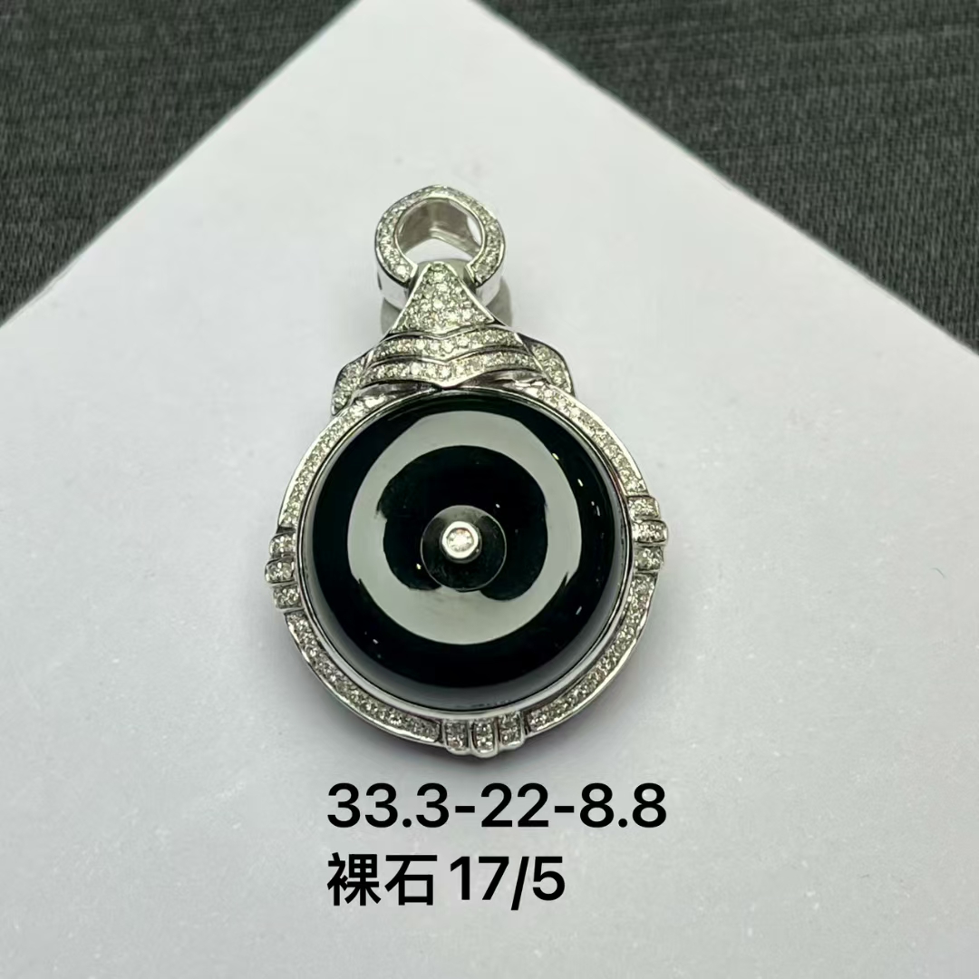 18K金重金豪镶墨翠平安扣吊坠，黑度好，打灯全透