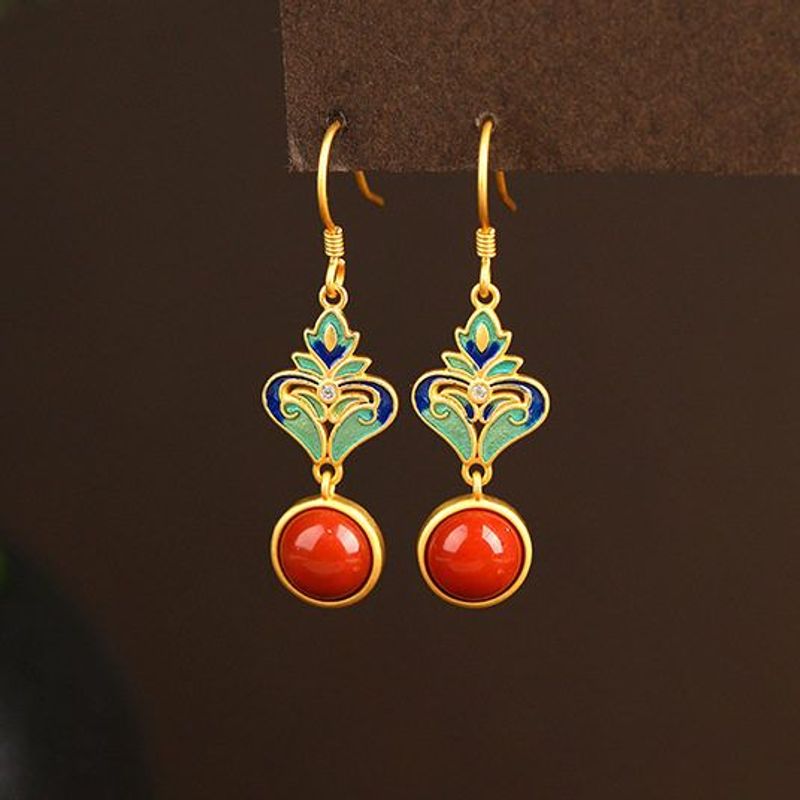 通体纯银天然南红珐琅彩复古耳钩