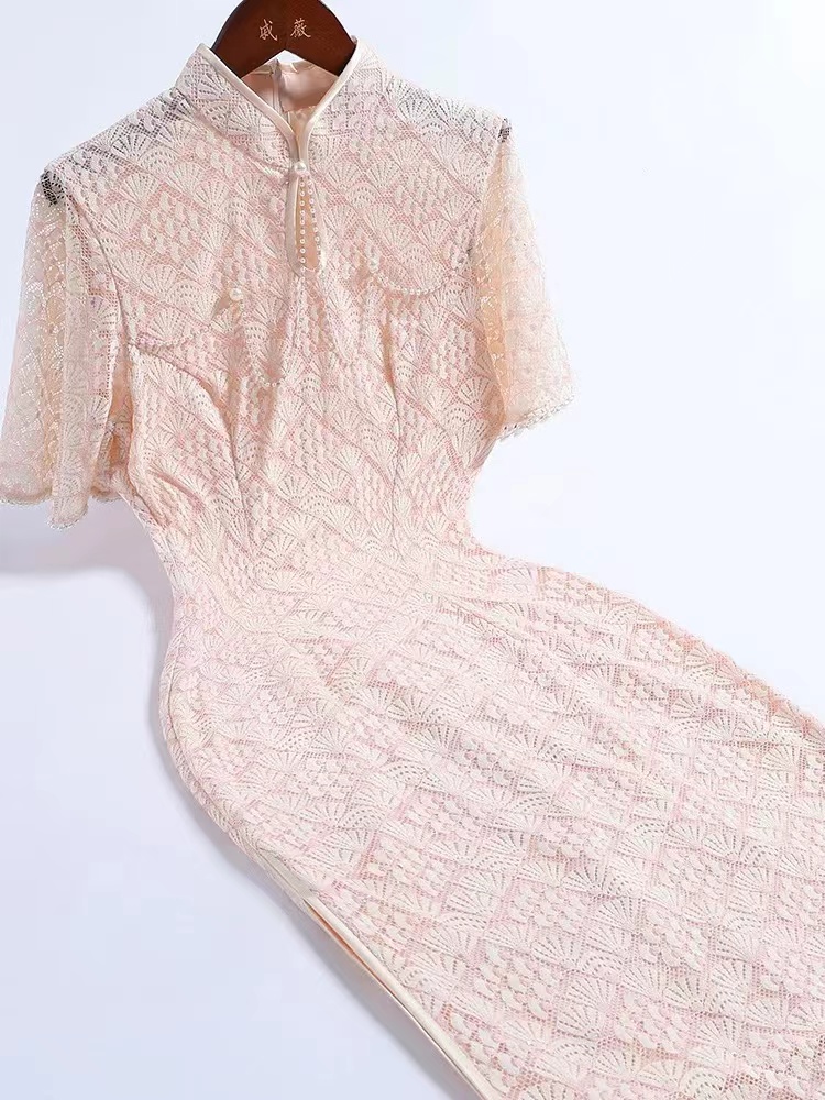 0011-粉色 水滴 加飞飞 钉珠旗袍