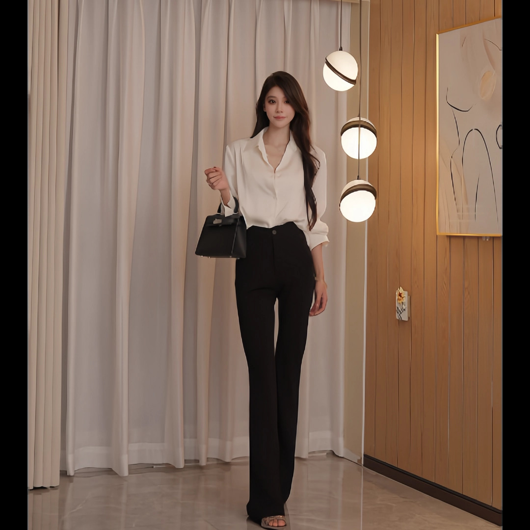 YY春秋气质显瘦黑色修身显高喇叭弹力轻熟设计感裤