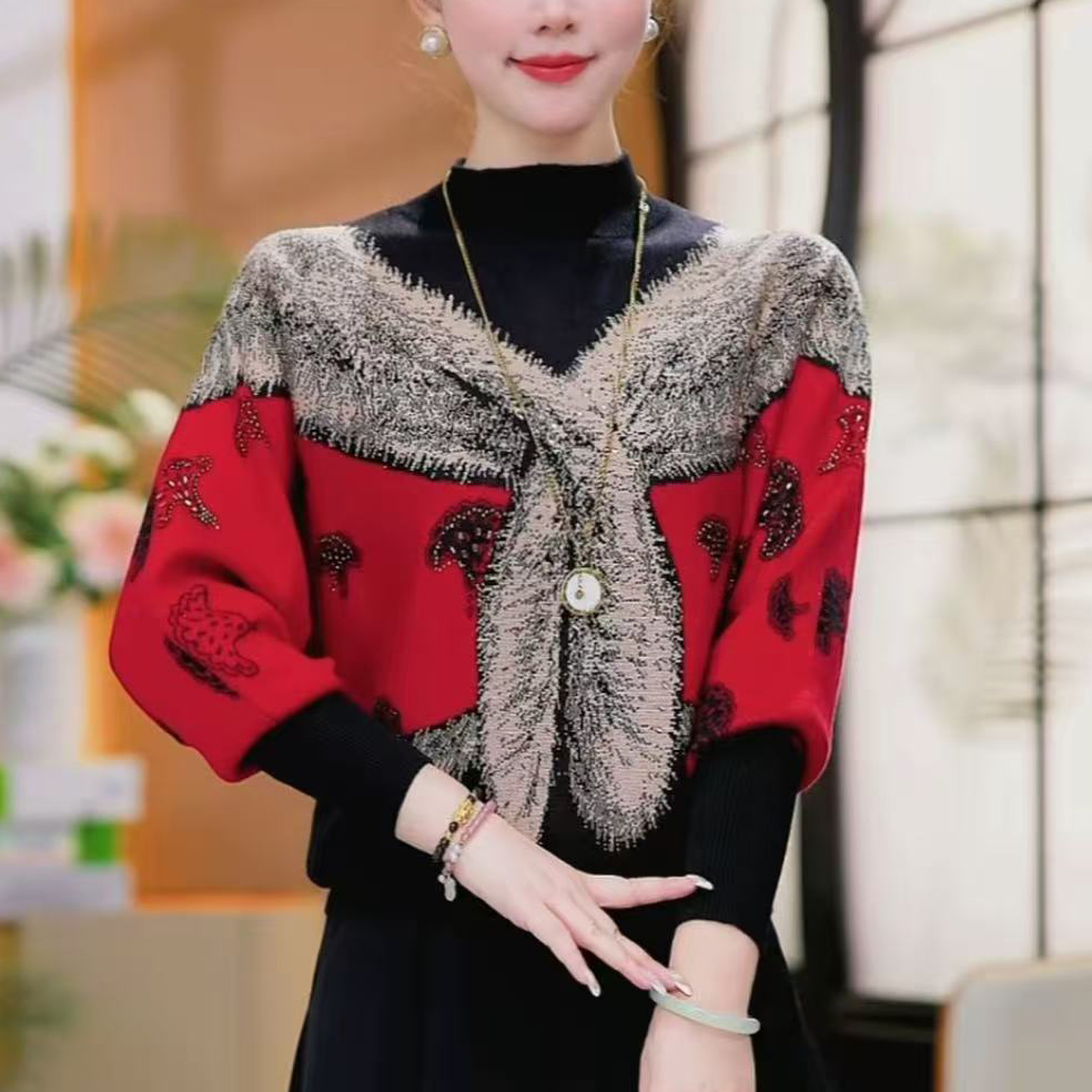 春秋长袖时尚烫钻提花百搭针织衫显瘦新款妈妈休闲减龄气质毛衣女