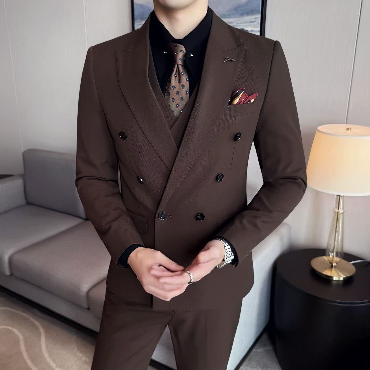 双排扣西服套装修身商务休闲常规款男装婚礼正装男士西装结婚潮流