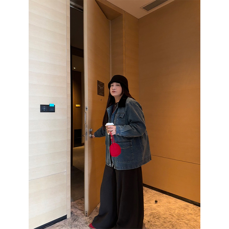 铅笔小鑫大码女装 复古撞色夹棉可收腰工装牛仔外套