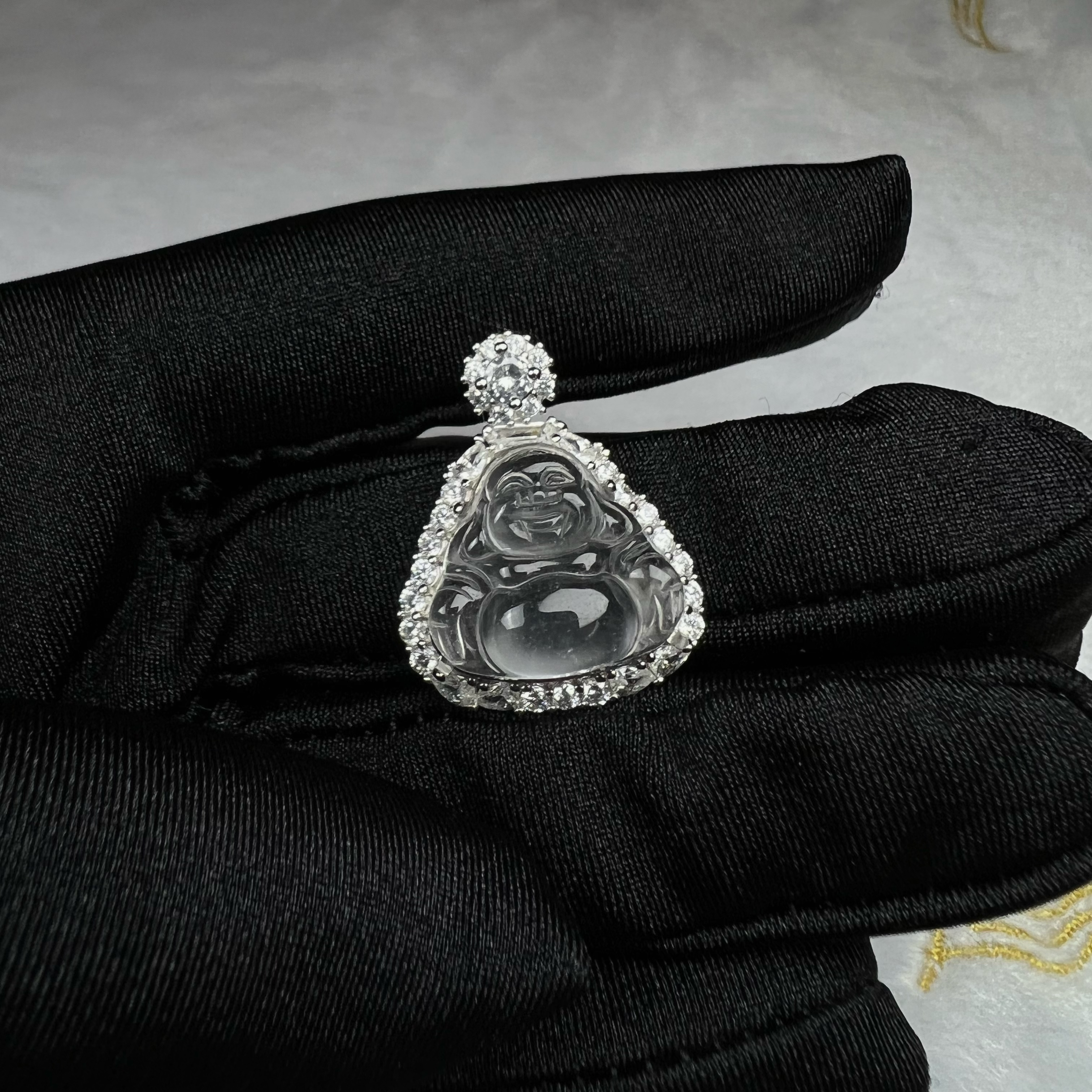 白冰石英质玉冰透佛公吊坠天然玉石挂件s925银镶嵌轻奢百搭