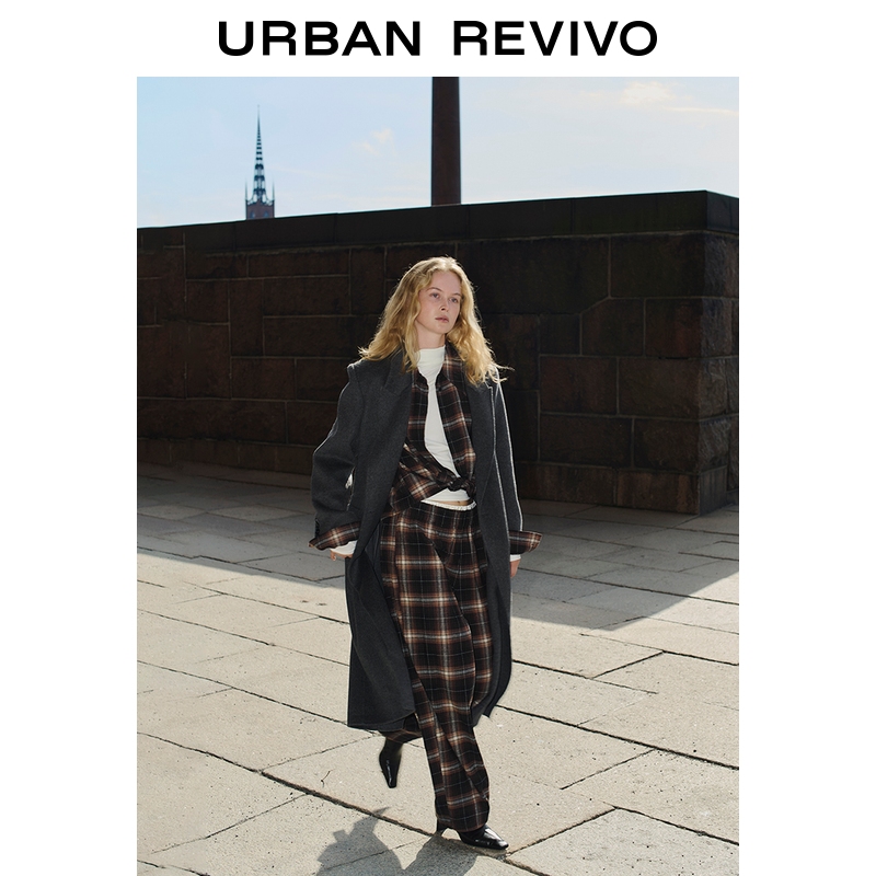 UR2025冬季新款女装潮流拼接撞色格纹超宽松阔腿裤UWJ650080