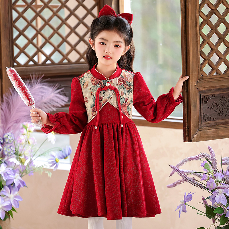 女童冬季加绒2025年新款红色洋气连衣裙冬装裙子儿童公主裙小女孩