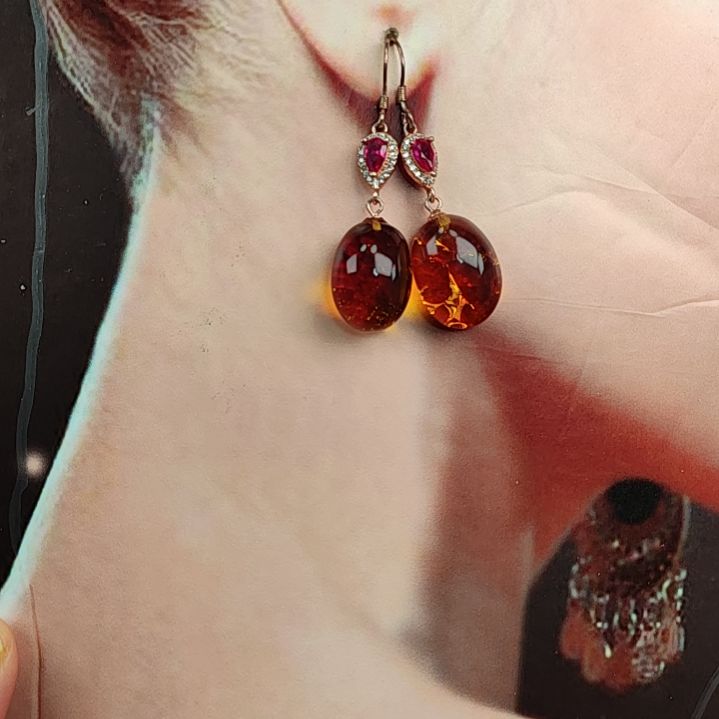 琥珀耳饰银S925镀金镶嵌