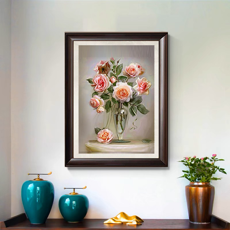 【粉玫瑰】手工油画古典美式法式装饰画中古风客厅玄关餐厅挂画