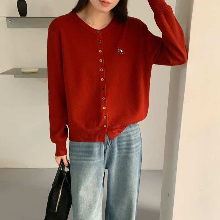 秋冬季新款韩系圆领小马刺绣彩色针织开衫女显瘦百搭毛针织上衣