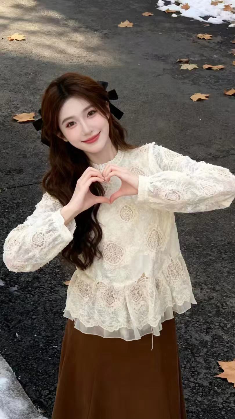 【钰姐精选】格瑞5765法式镂空设计感百搭衫蕾丝长袖