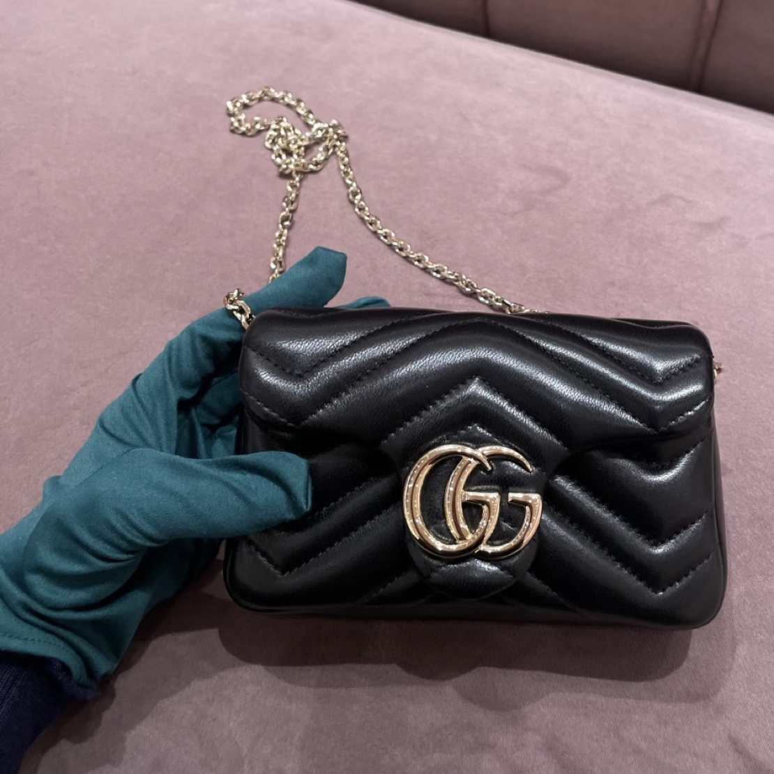 95新 GUCCI/古驰 新款黑色羊皮mini马蒙单肩包18002071