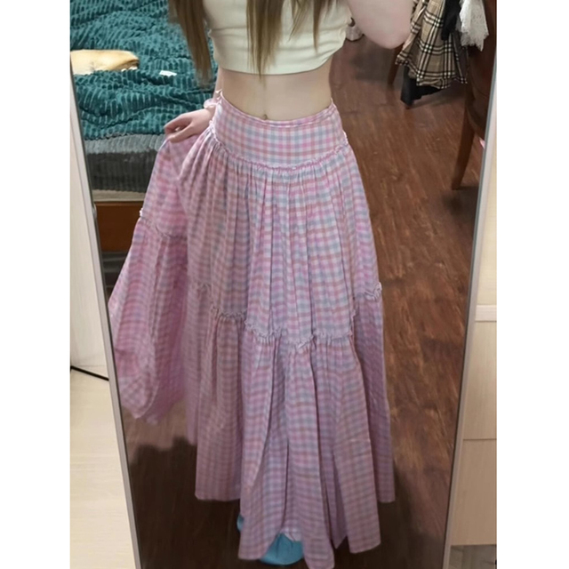 2025新款春夏多巴胺a字格子半身裙女设计感收腰大摆小个子长裙子