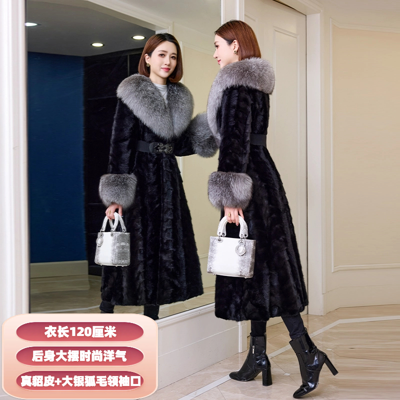 冬季新款水貂皮草外套女银狐毛领貂皮大衣女拼貂过膝长款大码收腰