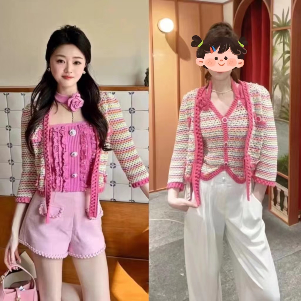 辰辰服饰木子店玫红色条纹花朵挂脖背心开衫