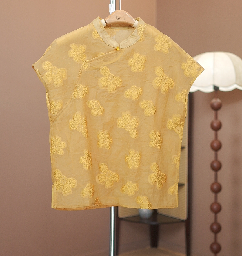 【梦蝶】新中式国风复古独特漂亮背心女新款夏季拼接网纱提花无袖