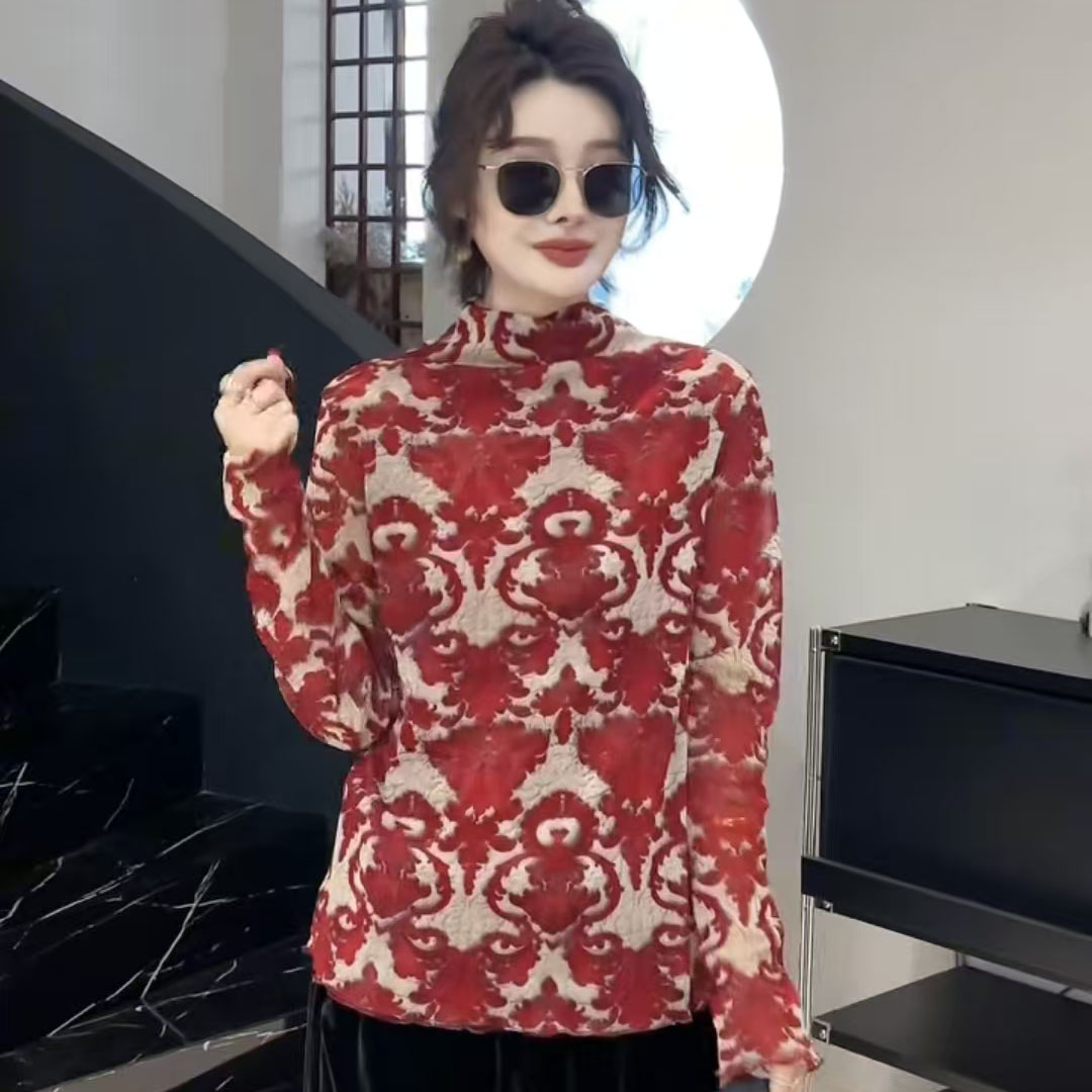 大聪红色喜庆花色弹力网衫胖妹妹时尚洋气薄款内搭打底衫200斤