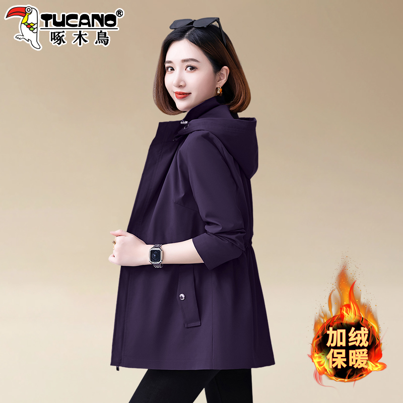 啄木鸟连帽外套2025秋季加绒加厚风衣女小个子休闲时尚夹克上衣